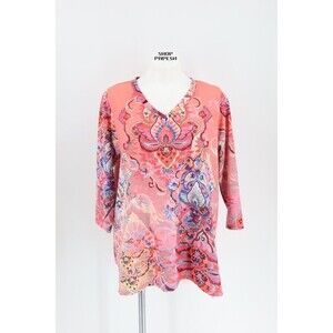 Soft Surroundings Women Size Large Peach Patterned 3/4 Sleeve V-Neck Top